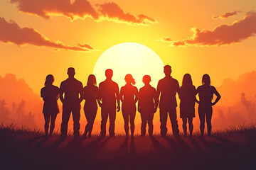 Fototapeta premium Sunset Silhouette of a United Group Standing Together