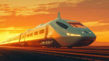 Fototapeta premium Futuristic train moving at sunset, desert landscape. Possible use for travel advertisement or tech illustration