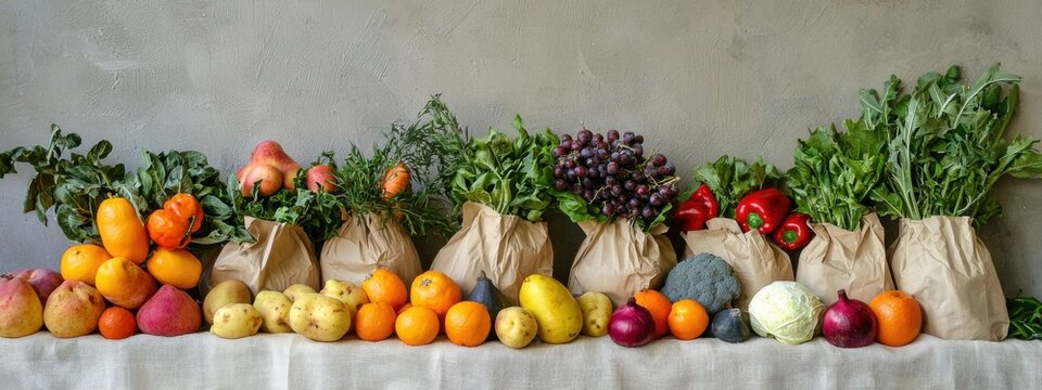 Freshly delivered locally grown fruits and vegetables packed in eco-friendly paper bags or textile shopping bags, zero waste vegetarian nutrition concept