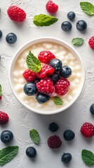 Creamy dessert bowl topped with fresh raspberries, blueberries, and mint leaves on a textured surface