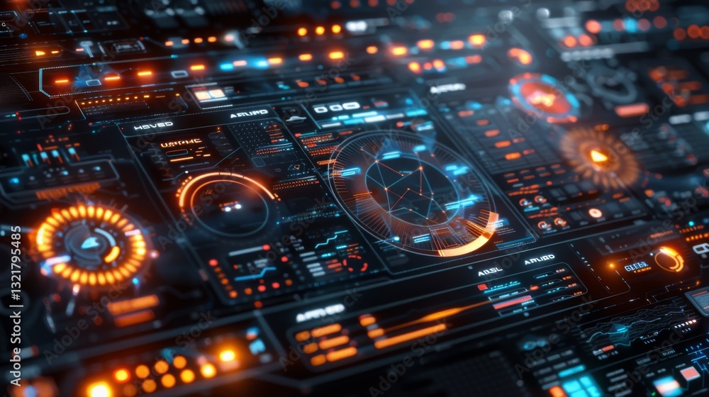 Aufkleber A detailed digital dashboard shows various data visualizations and metrics in vibrant neon colors, highlighting advanced technology and intricate design elements.