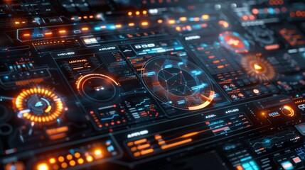 A detailed digital dashboard shows various data visualizations and metrics in vibrant neon colors, highlighting advanced technology and intricate design elements.
