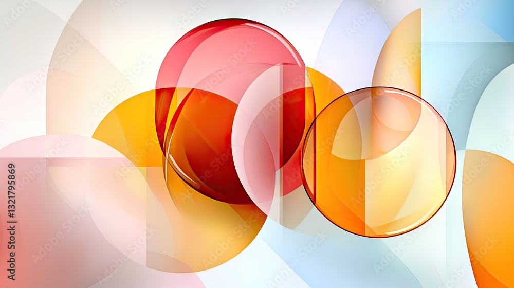 Poster a geometric background with overlapping translucent orange and pink shapes. -