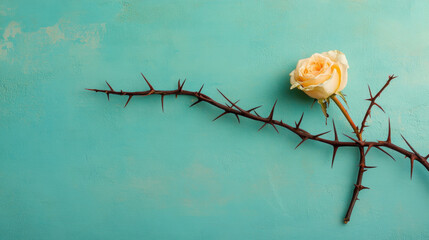 Rose and thorns, A yellow rose with thorns on a blue background.