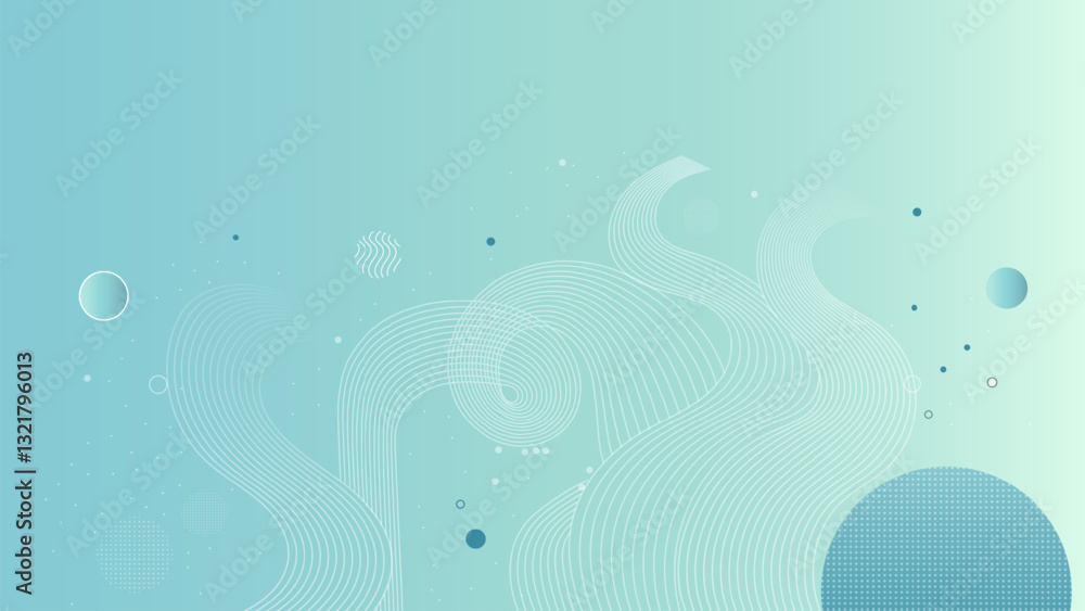 Fototapete Abstract Futuristic Background with Floating Spheres and Wavy Lines