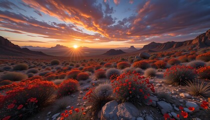 Naklejka premium Stunning Desert Sunset with Glowing Red Wildflowers – Nature’s Beauty