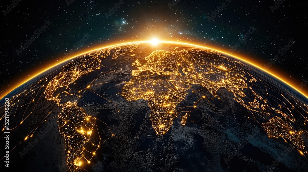 Poster a glowing global network with interconnected nodes symbolizing data exchange and cloud computing.