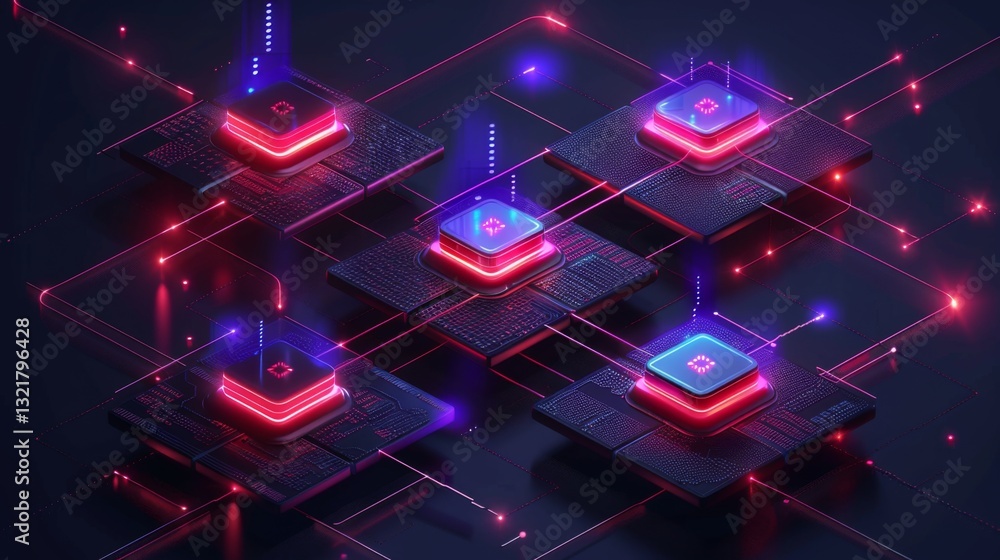Poster a striking display of modern technology featuring five interconnected glowing processors on a dark s