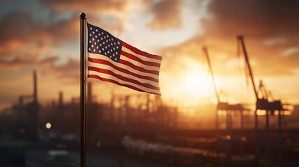 The American flag flutters high above a busy industrial port, with cranes reaching skyward, bathed in the warm hues of a glowing sunset, embodying resilience and advancement.