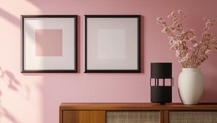 Obraz premium Pink wall, wooden cabinet, frames, vase, lamp, flowers.