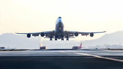 A White Wide-Body Passenger Airplane Taking Off From A Runway During Sunset With Blurred Background At An Airport