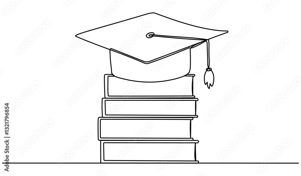 Poster graduation hat with stack of books continuous line drawing. education linear concept. vector illustr