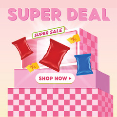 a stripe box super sale and all place on stripe podium for mega sale promotion design on pink yellow background. Banner for bussiness, e-com,company,store. Pastel Color