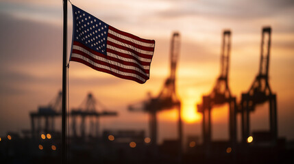 Naklejka premium As dusk settles, an American flag flutters above a silhouette of cranes and shipping containers, highlighting the countryâs industrial growth and resilience.