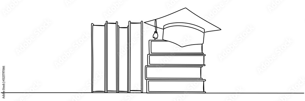 Aufkleber graduation hat with stack of books continuous line drawing. education linear concept. vector illustr