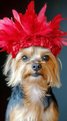 Fototapeta premium Small Dog in Vibrant Floral Headpiece Standing Against Autumn Background