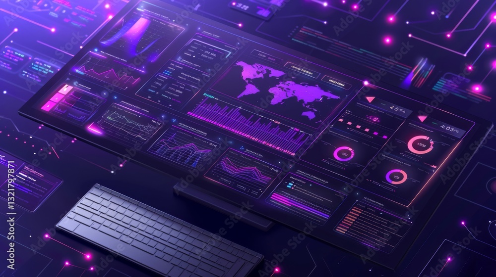 Poster Complex data analytics dashboard featuring vivid visualizations, statistics, and metrics displayed on a large screen in a modern workspace filled with digital elements.