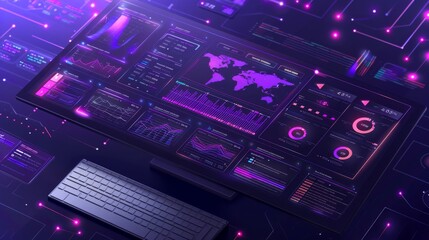 Complex data analytics dashboard featuring vivid visualizations, statistics, and metrics displayed on a large screen in a modern workspace filled with digital elements.