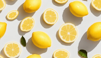 Fototapeta premium Freshly cut lemons and whole lemons creating a vibrant pattern on white background