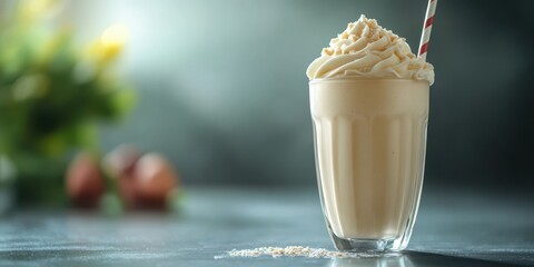 Creamy vanilla milkshake topped with whipped cream and a red straw in a glass on a dark countertop