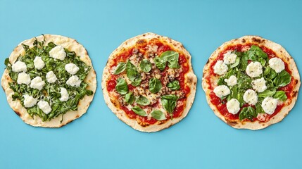 Trio of Gourmet Pizzas: A mouthwatering trio of artisanal pizzas with fresh toppings arranged invitingly, offering a vibrant and delicious visual feast.