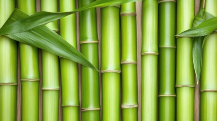 Fototapeta premium Zen Garden's Essence: A close-up, textured display of vibrant bamboo stalks and leaves, showcasing the delicate balance and natural beauty that is a core tenet of zen aesthetics