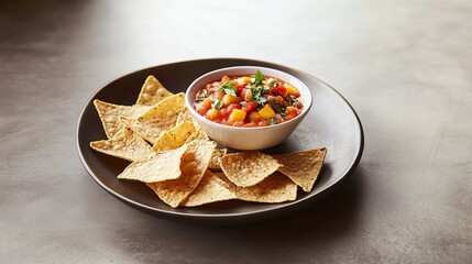 A photo of a mango and chili salsa and crispy tortilla chips.