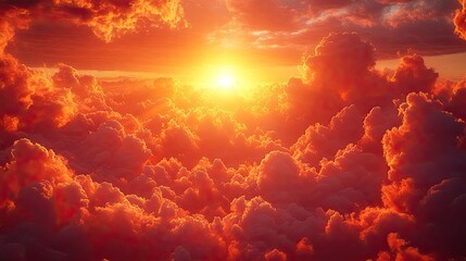 Dramatic sunset sky filled with billowing clouds illuminated in vibrant shades of orange,