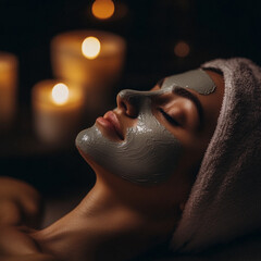 Woman with Charcoal Facial Mask in Spa Setting