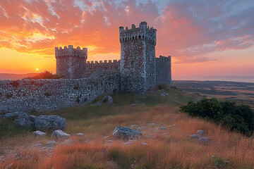 Fototapeta premium Majestic medieval castle silhouette at sunset, overlooking tranquil landscape. Ancient stone walls, vibrant sky.