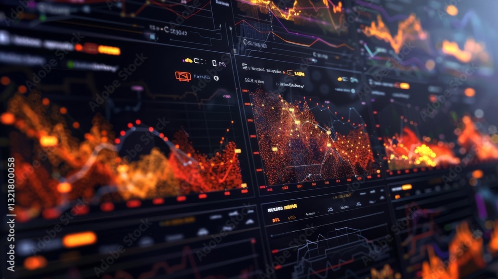 Poster Multiple screens display vibrant graphs and charts representing fluctuating market trends, with data points illuminating the current state of trading activities in real time.
