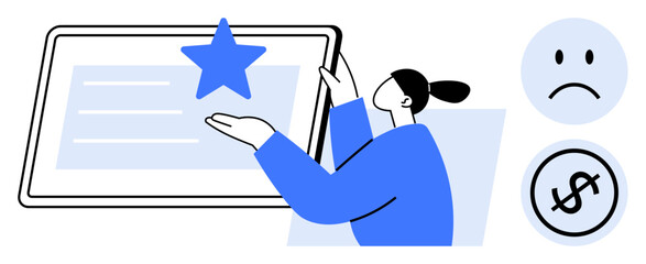 Woman placing star on oversized tablet, symbolizing content evaluation or ranking. Face emoticon and dollar sign suggest feedback and financial concerns. Ideal for quality measurement, feedback