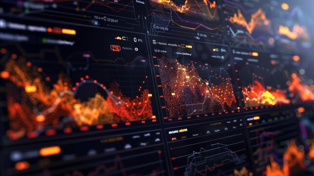 Multiple screens display vibrant graphs and charts representing fluctuating market trends, with data points illuminating the current state of trading activities in real time.