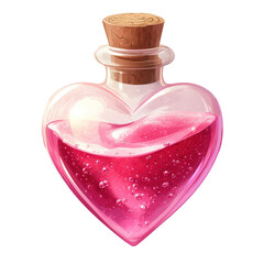 Love Potion: An alluring, heart-shaped glass bottle, filled with a shimmering pink liquid, topped with a cork stopper, it is the perfect illustration for magic