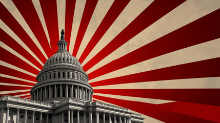 The U.S. Capitol rendered in a retro 1950s graphic style, with red and gold sunburst rays radiating behind it, evoking a sense of power and tradition.