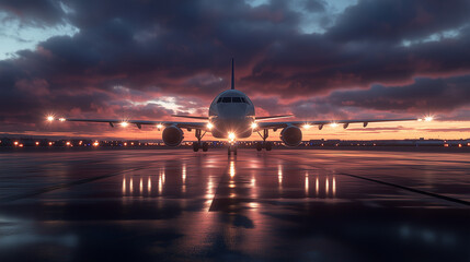Obraz premium Airplane on wet runway with stormy sky at dusk