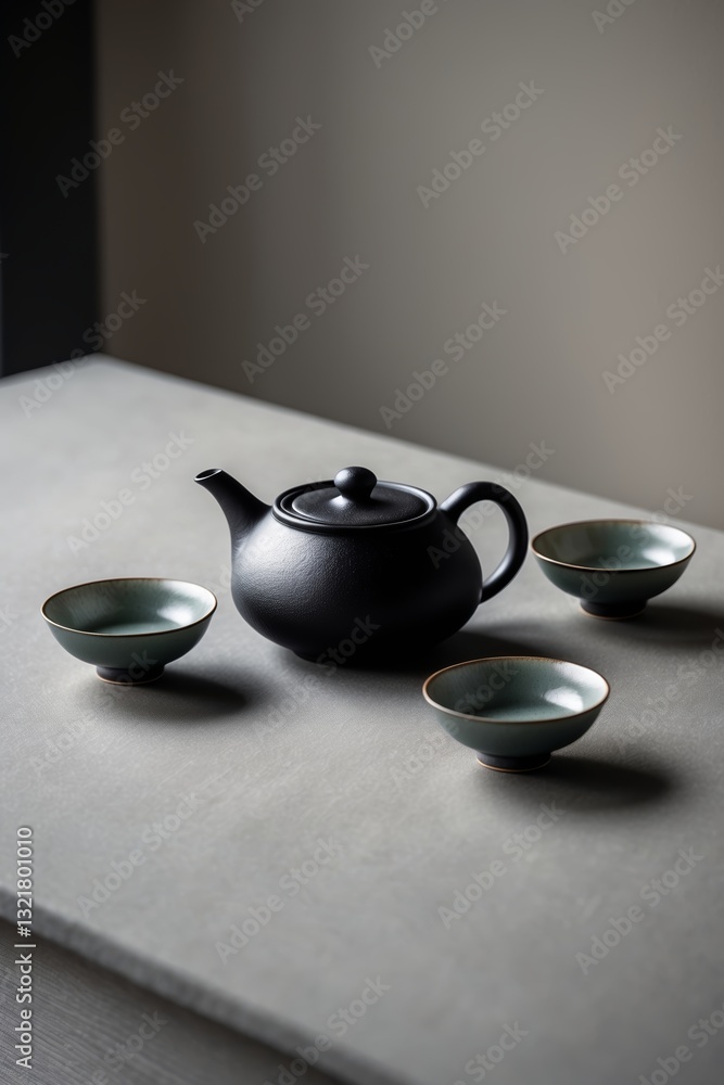 Poster teapot with three bowls arranged on a minimalistic table in soft lighting
