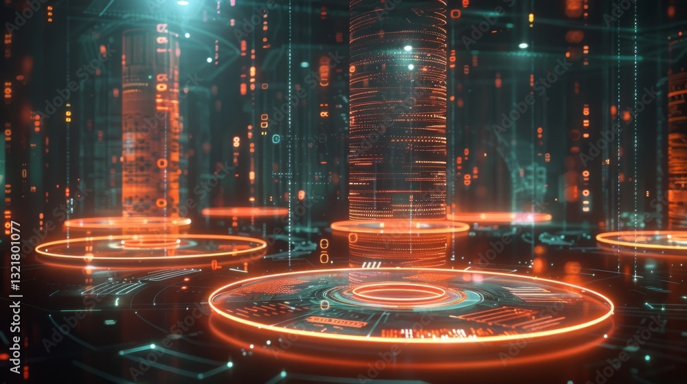 Aufkleber A futuristic digital setting features illuminated cylindrical structures, with floating holographic data and bright orange accents creating a high tech atmosphere.