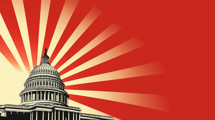 A bold WPA-era poster design of the U.S. Capitol, with sweeping sunburst lines accentuating its domed roof, representing strength and governance.