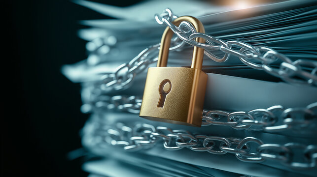A close-up of classified documents wrapped in silver chains, with a golden padlock shining under focused lighting, representing data encryption and security measures.