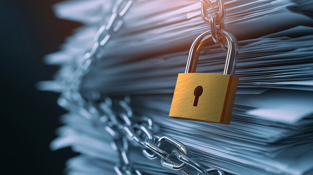 A close-up of classified documents wrapped in silver chains, with a golden padlock shining under focused lighting, representing data encryption and security measures.