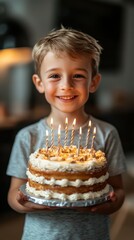 Young boy smiles while holding a birthday cake with candles in a cozy indoor setting