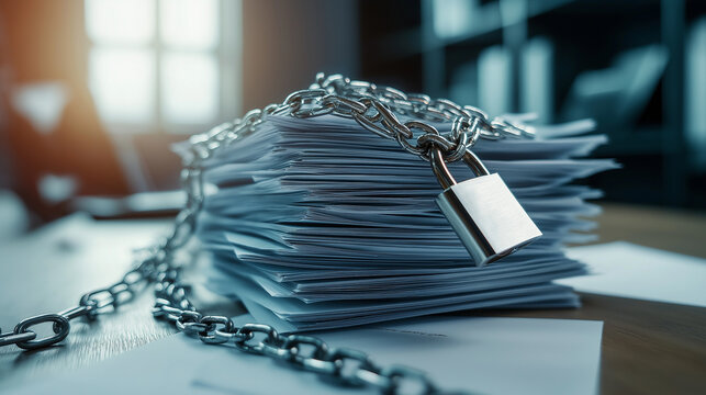 A corporate desk with a pile of restricted documents, locked with interlocked steel chains and a biometric security padlock, symbolizing high-tech data security.