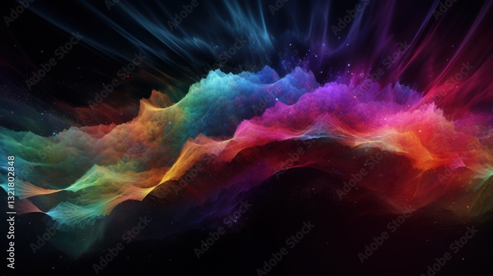 Poster abstract rainbow dust clouds and glowing particle waves creating a stunning futuristic effect.