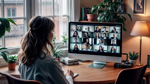 Woman participating in virtual videoconference from cozy homeoffice with houseplants. Remote professional attends digital meeting with multiple colleagues on screen grid. Telework workspace features