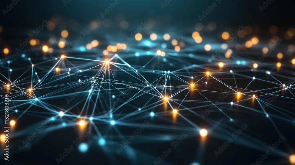 Poster network connections expanding in technological landscape, creating futuristic data flow
