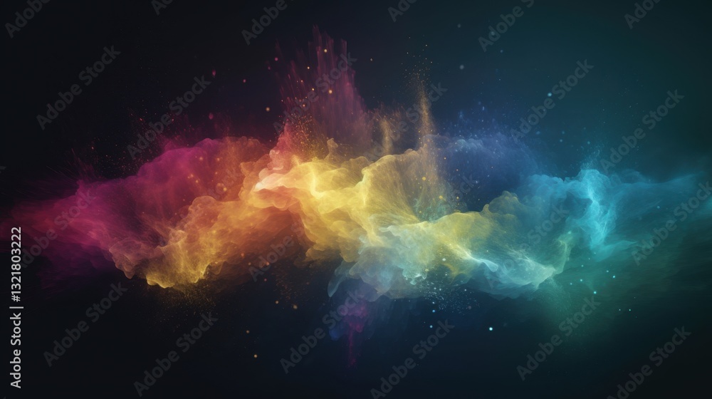 Poster abstract rainbow dust clouds and glowing particle waves creating a stunning futuristic effect.