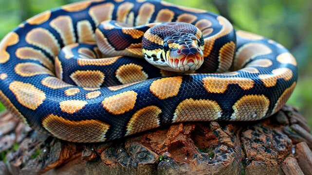 A vibrant ball python sits gracefully on a log in a beautiful forest, showcasing its striking patterns and colors under natural light