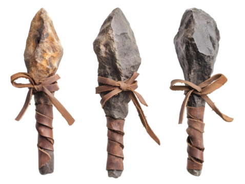 Collection of ancient stone tools with leather bindings, showcasing primitive craftsmanship and historical significance.