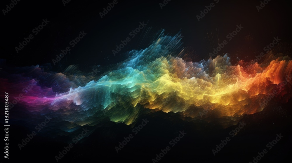 Poster abstract rainbow dust clouds and glowing particle waves creating a stunning futuristic effect.